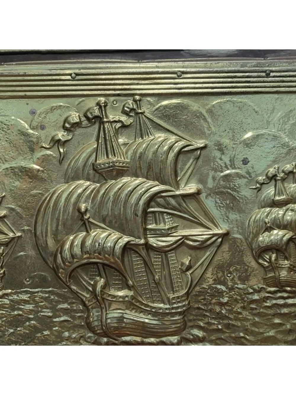 Antique Embossed Brass Fireplace Coal Box Magazine Bin Sailing Ships Vintage